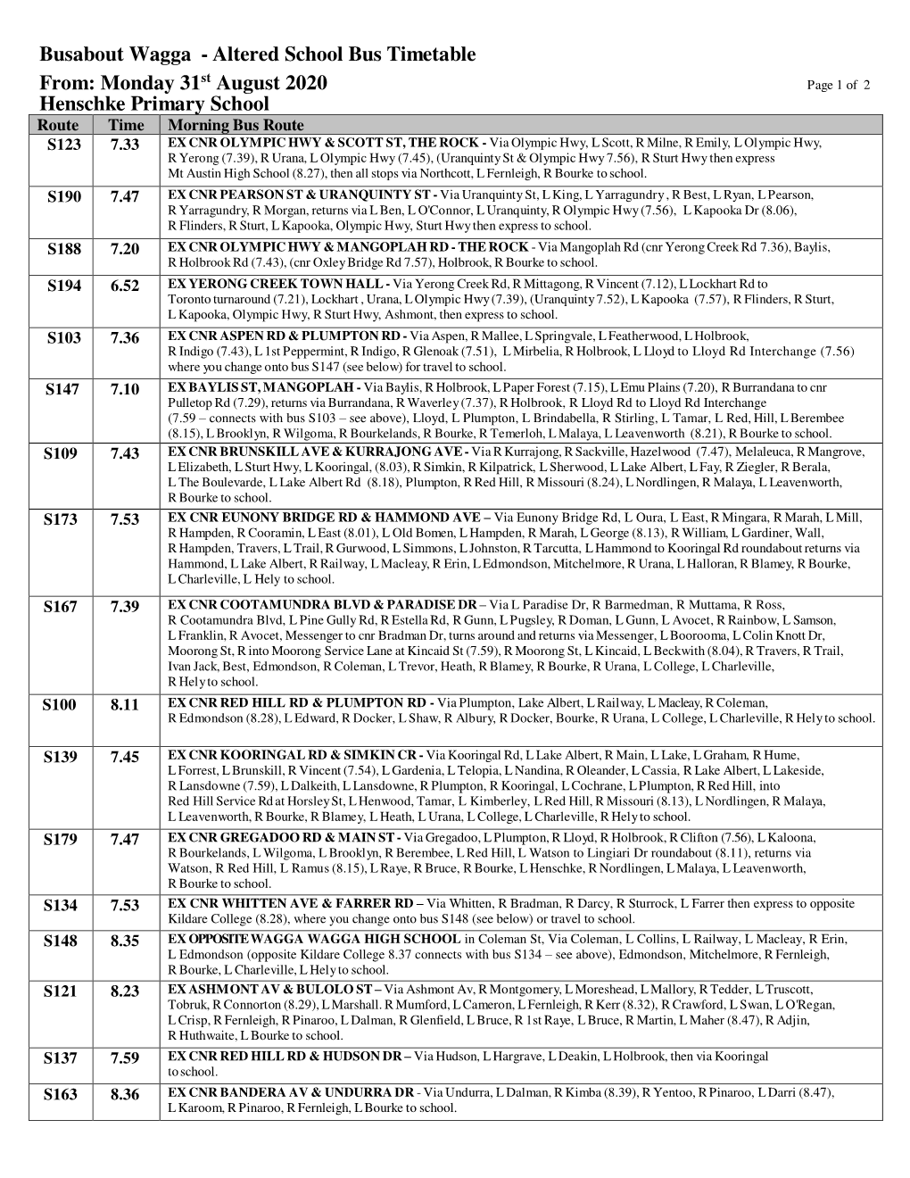 Busabout Wagga - Altered School Bus Timetable