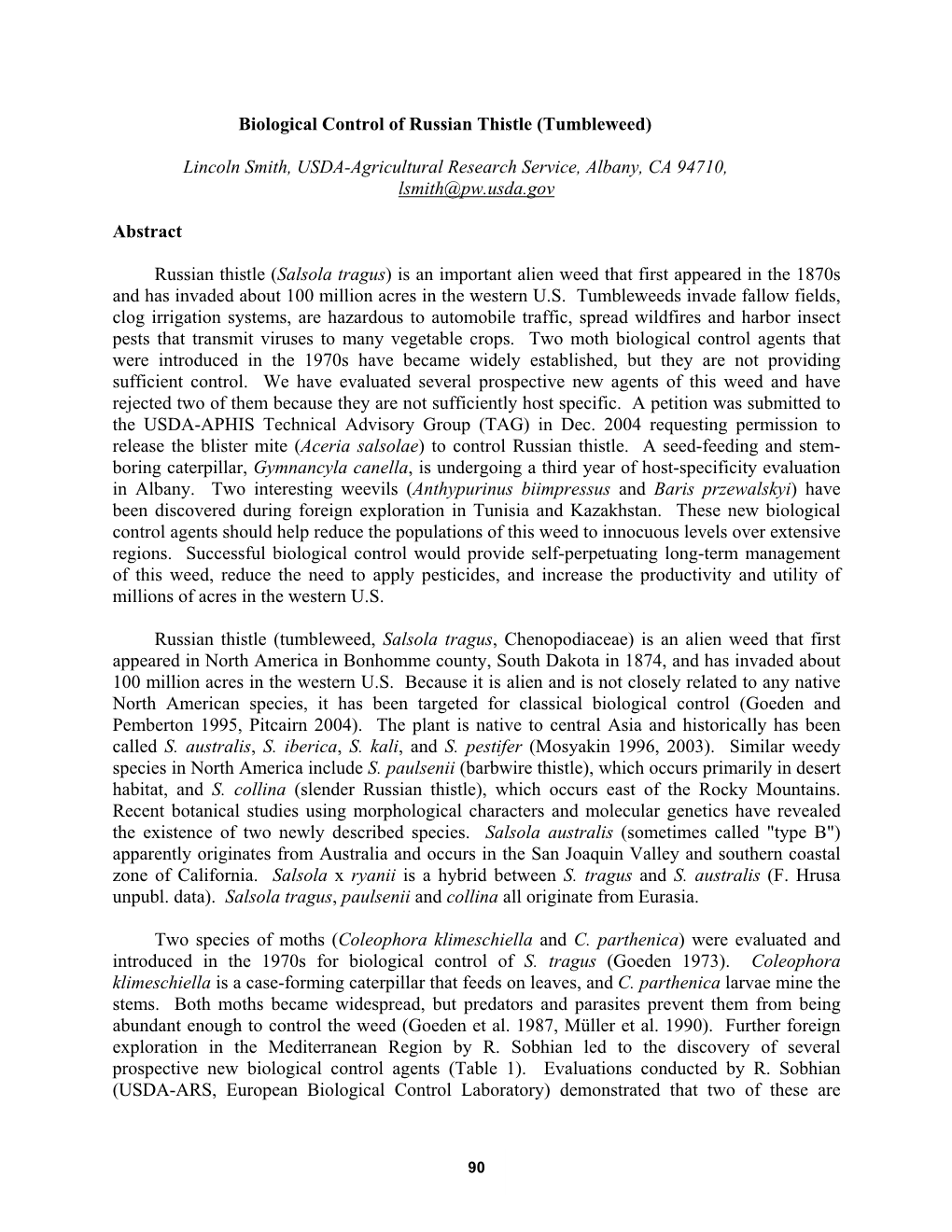 Biological Control of Russian Thistle (Tumbleweed)