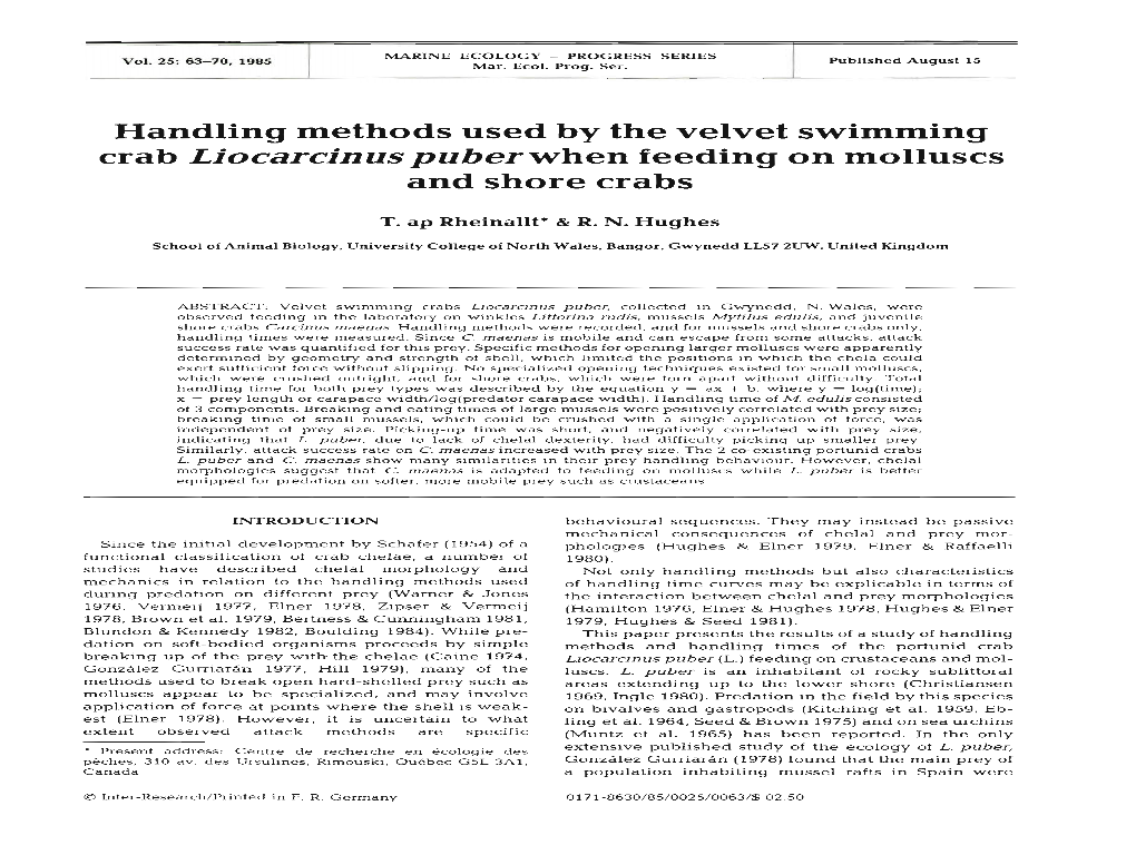 Handling Methods Used by the Velvet Swimming Crab Liocarcinus Puber