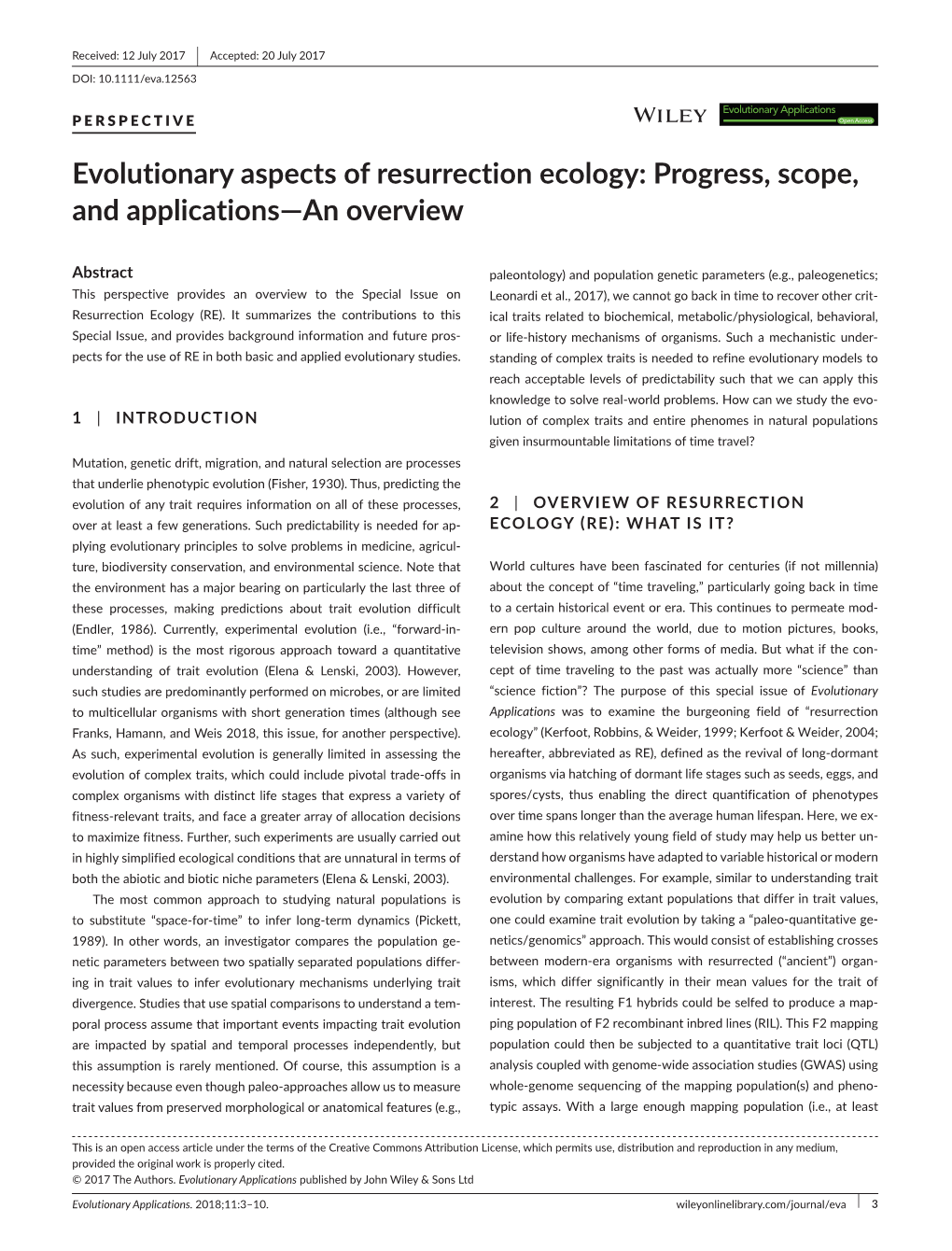 Evolutionary Aspects of Resurrection Ecology: Progress, Scope, and Applications—An Overview