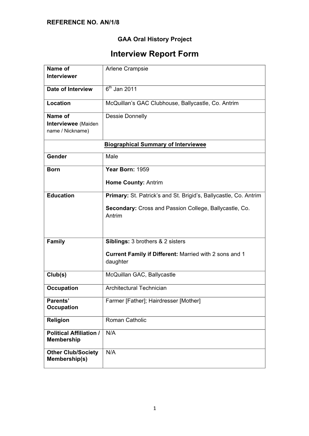 GAA Oral History Project Interview Report Form