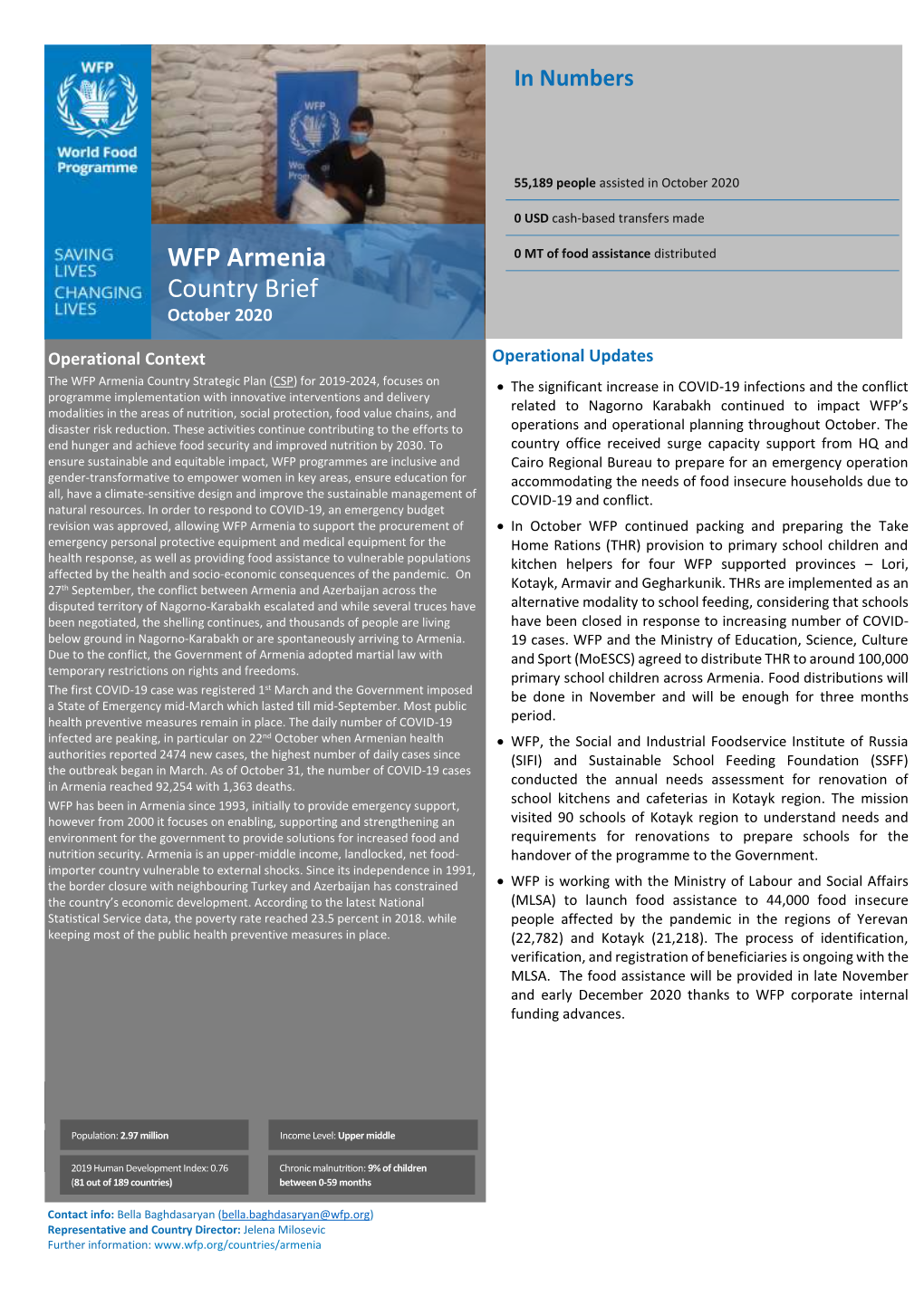 WFP Armenia Country Brief Photo Caption: WFP Packaging Take-Home Rations for School Feeding Beneficiaries October 2020