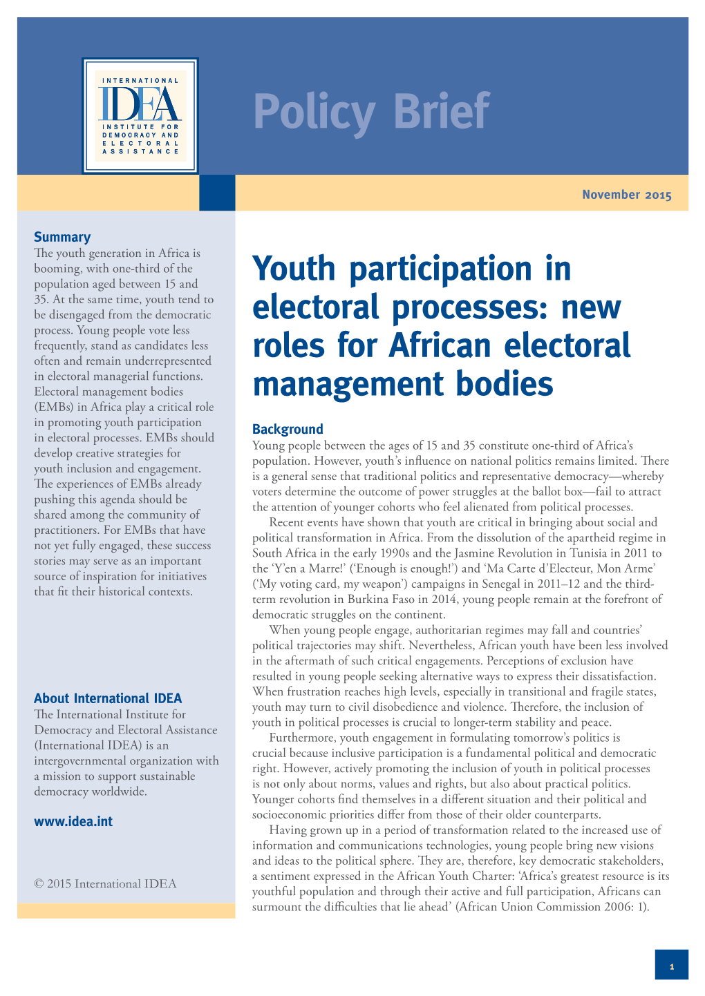 Youth Participation in Electoral Processes: New Roles for African