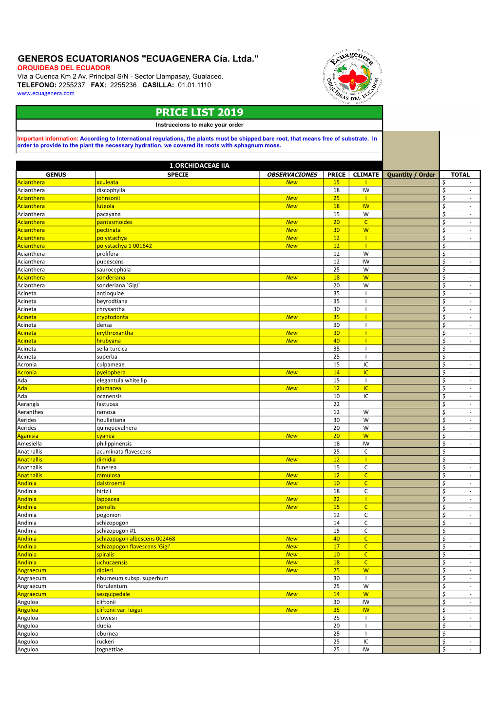 PRICE LIST 2019 Instruccions to Make Your Order