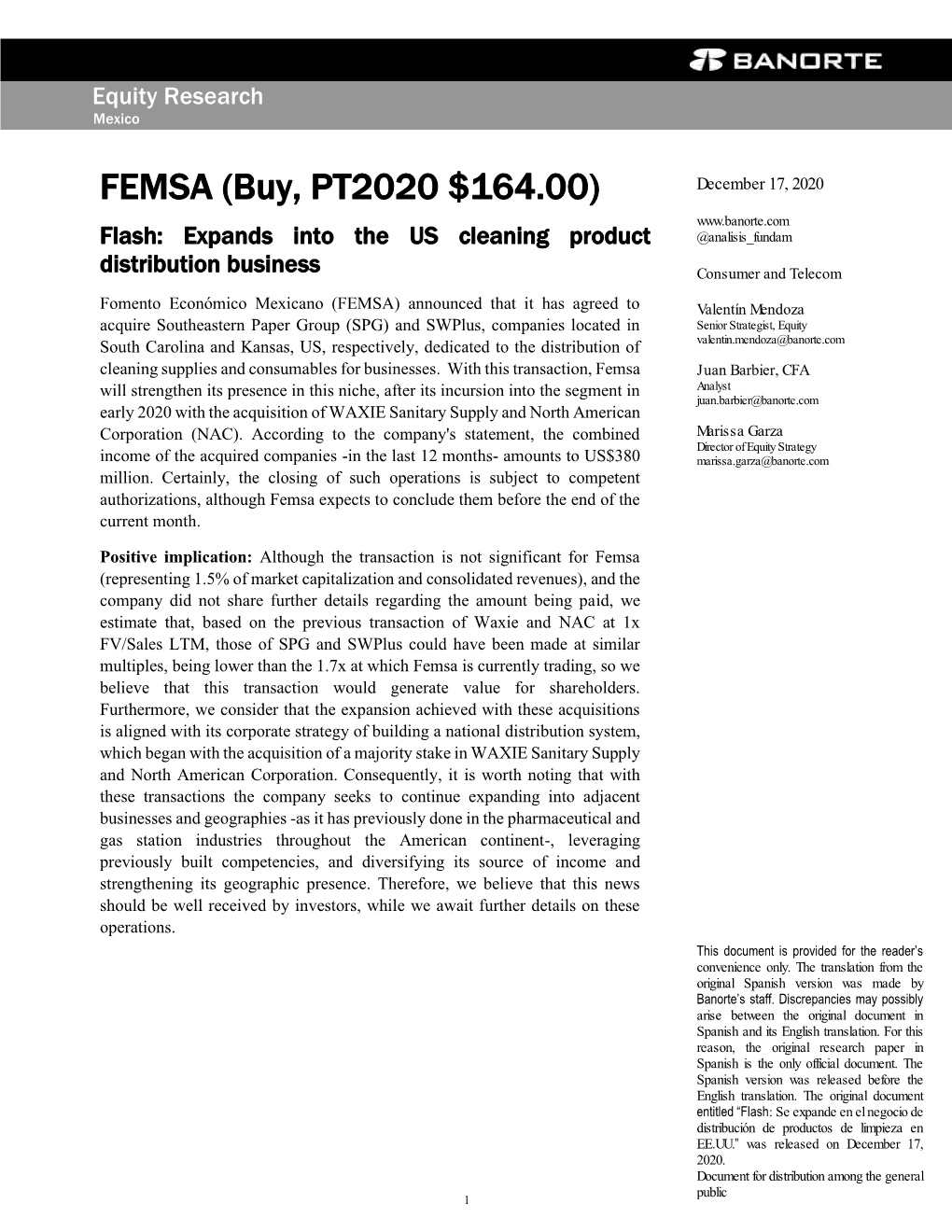 FEMSA (Buy, PT2020 $164.00) Flash: Expands Into the US Cleaning Product @Analisis Fundam Distribution Business Consumer and Telecom