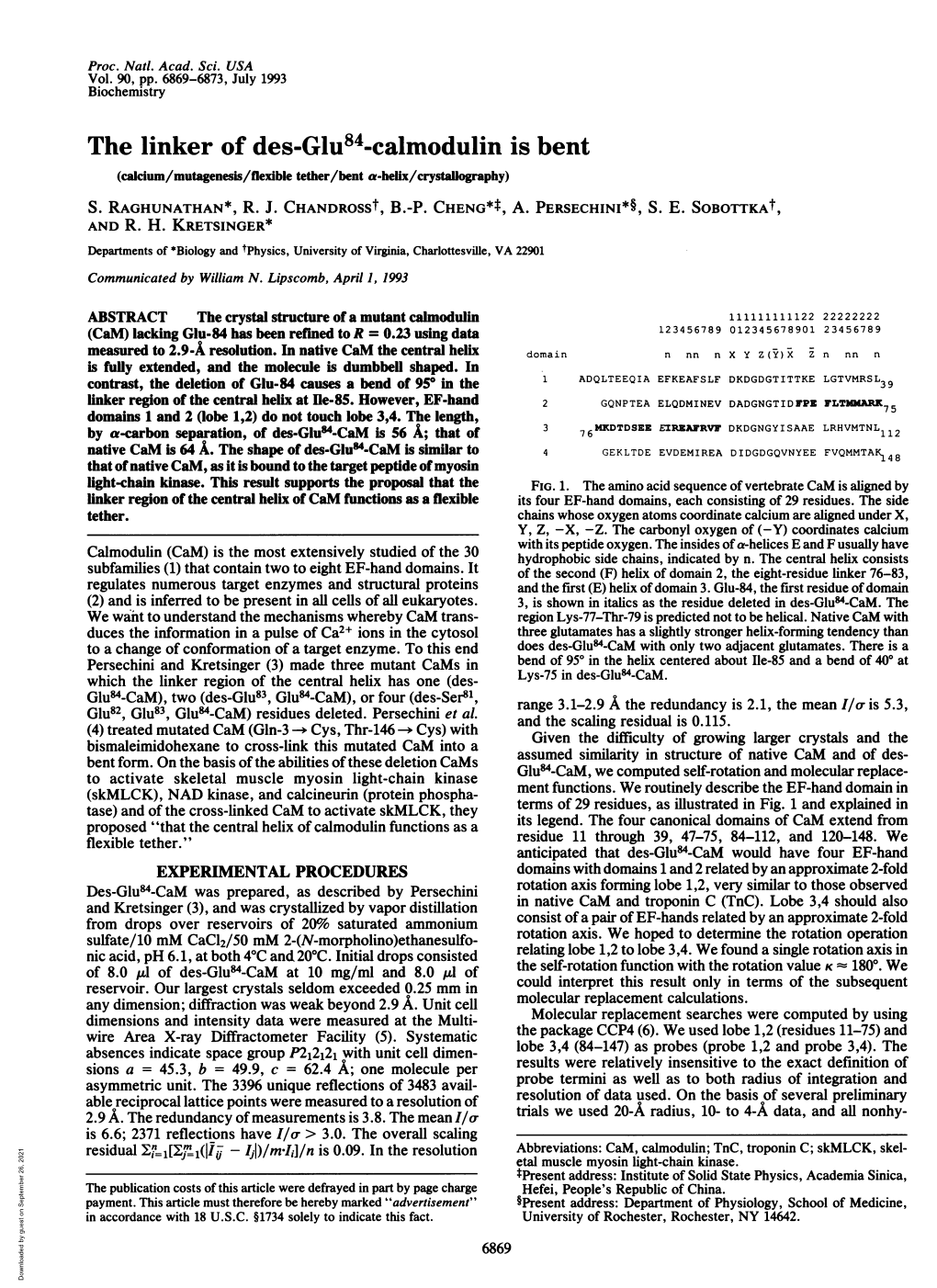 The Linker of Des-Glu84-Calmodulin Is Bent (Calcium/Mutagenesis/Flexible Tether/Bent A-Helix/Crystallography) S