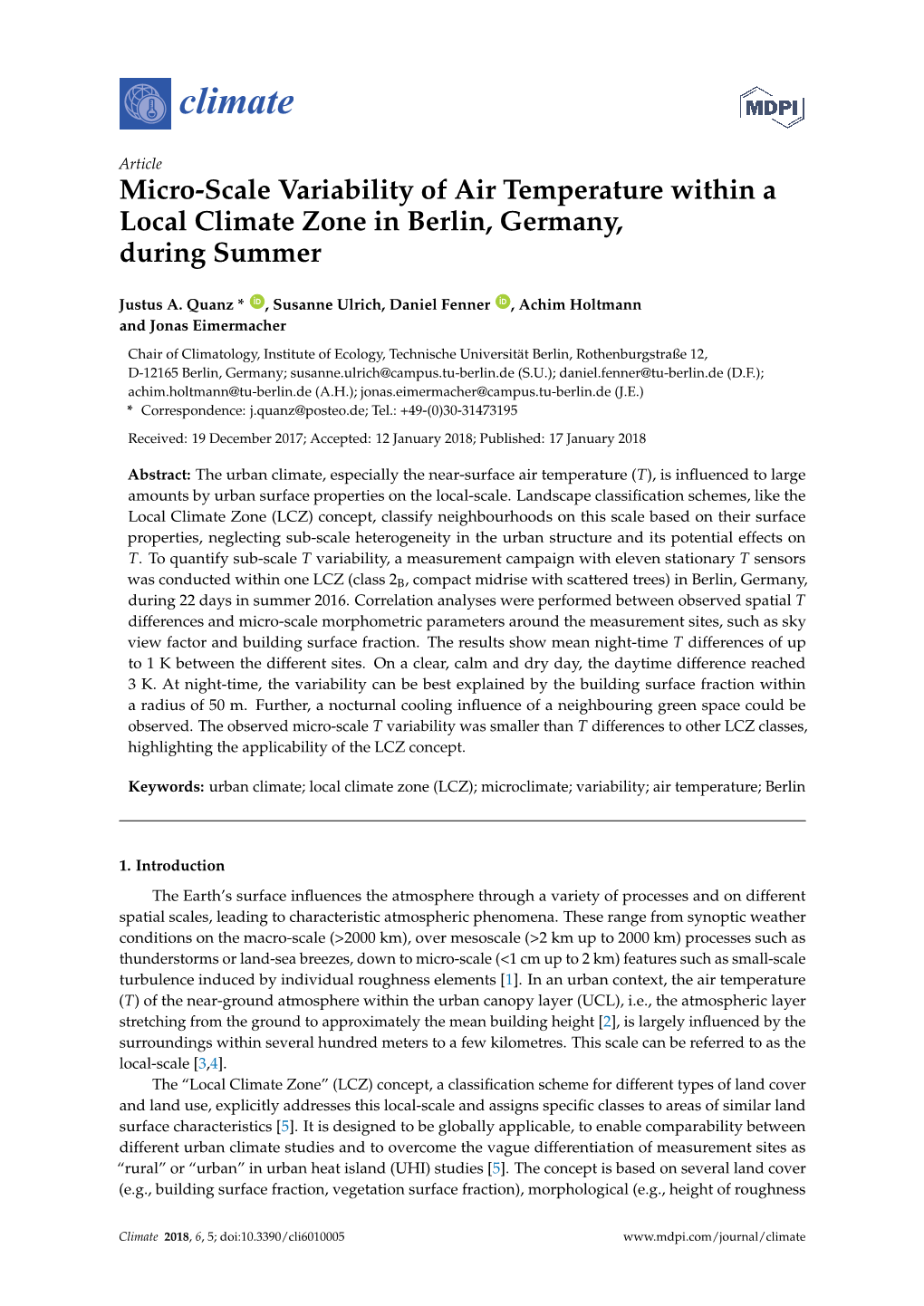 Micro-Scale Variability of Air Temperature Within a Local Climate Zone in Berlin, Germany, During Summer