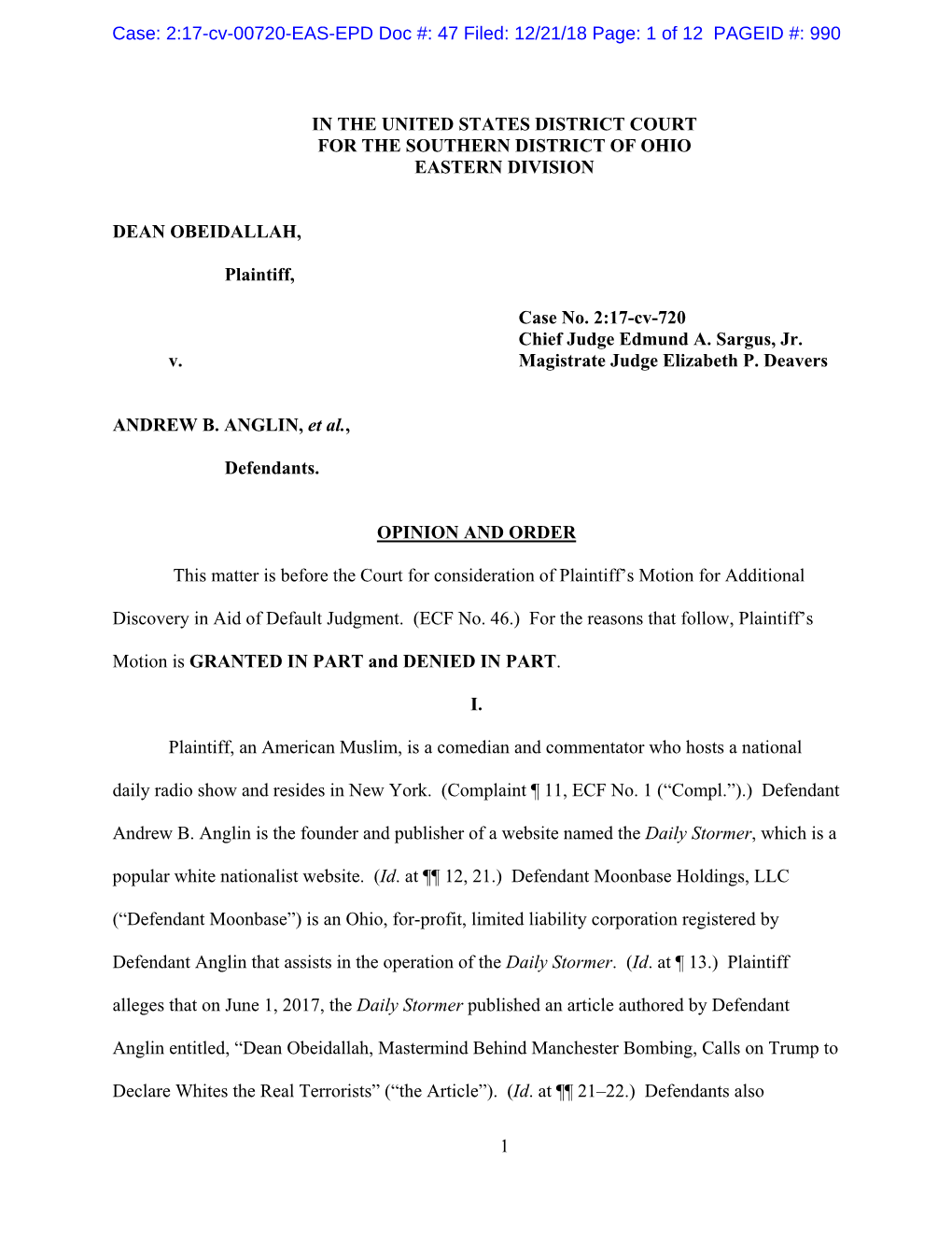 1 in the UNITED STATES DISTRICT COURT for the SOUTHERN DISTRICT of OHIO EASTERN DIVISION DEAN OBEIDALLAH, Plaintiff, Case No. 2