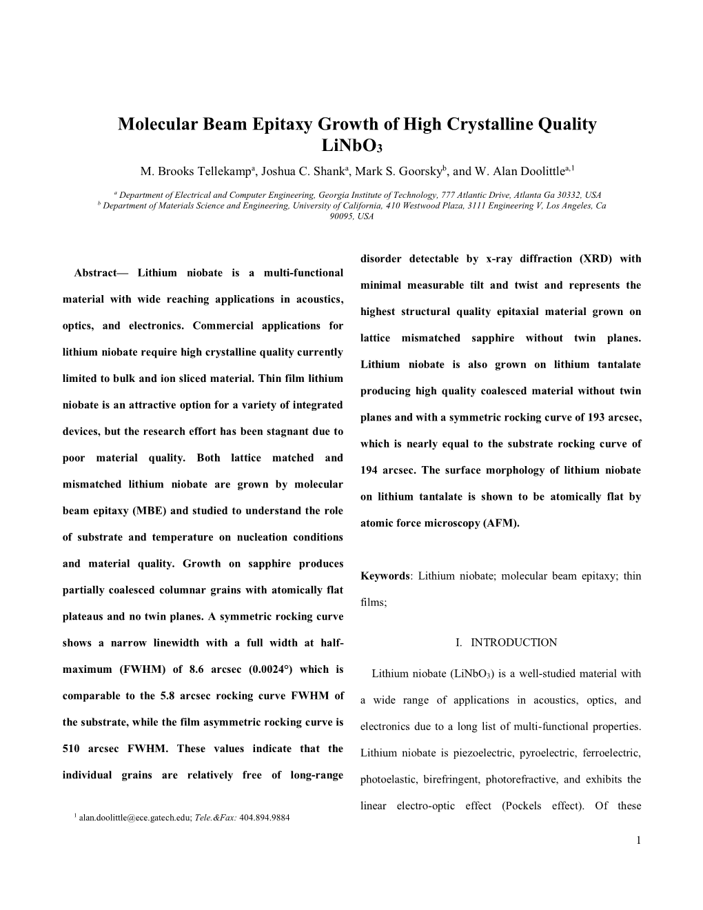 Molecular Beam Epitaxy Growth of High Crystalline Quality Linbo3 M