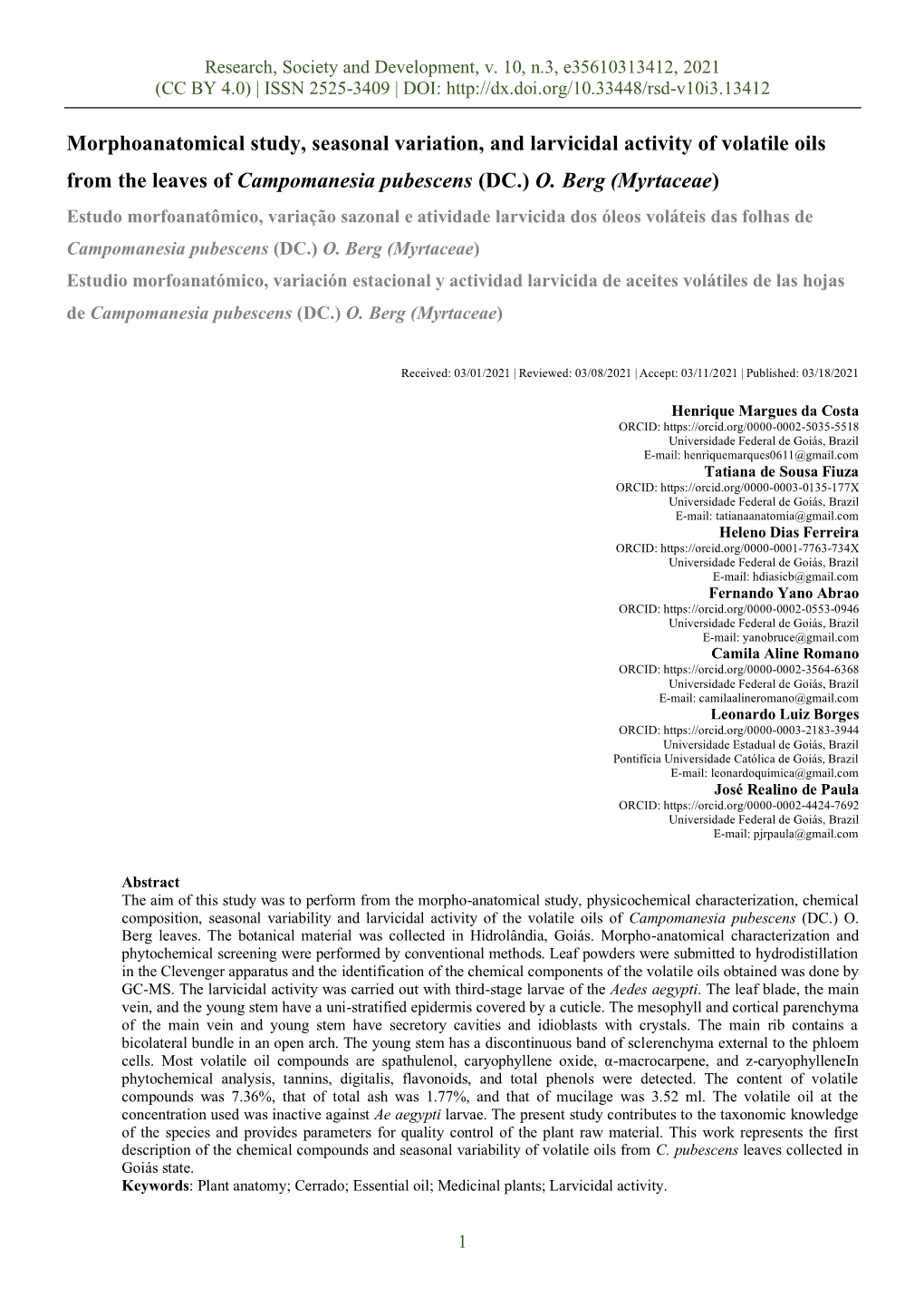 Morphoanatomical Study, Seasonal Variation, and Larvicidal Activity of Volatile Oils from the Leaves of Campomanesia Pubescens (DC.) O