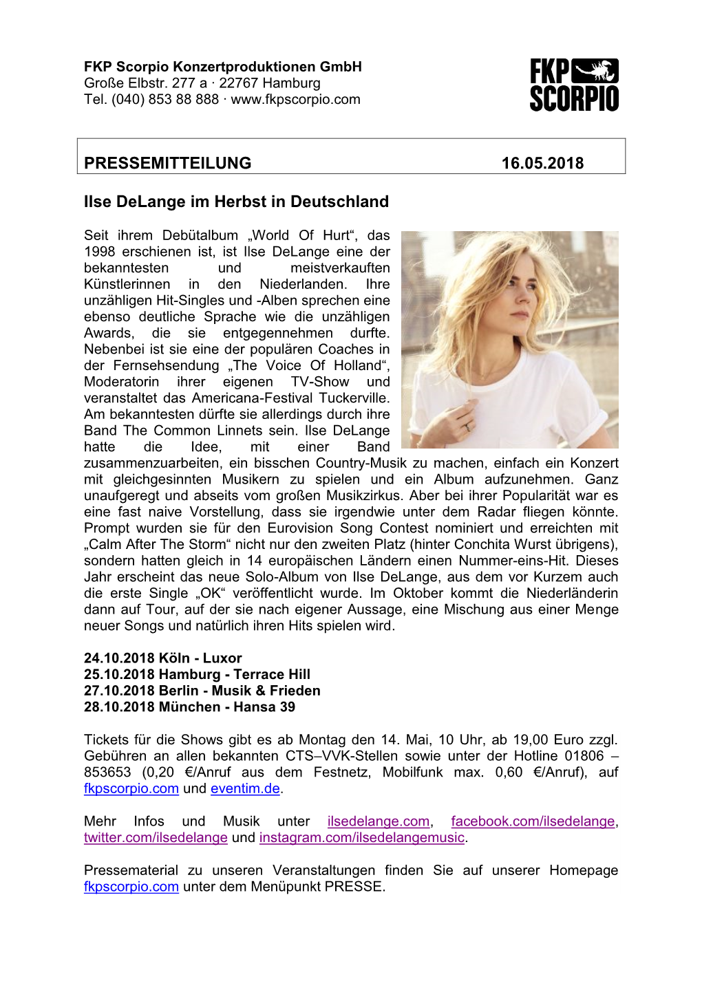 PRESSEMITTEILUNG 16.05.2018 Ilse Delange Im Herbst in Deutschland