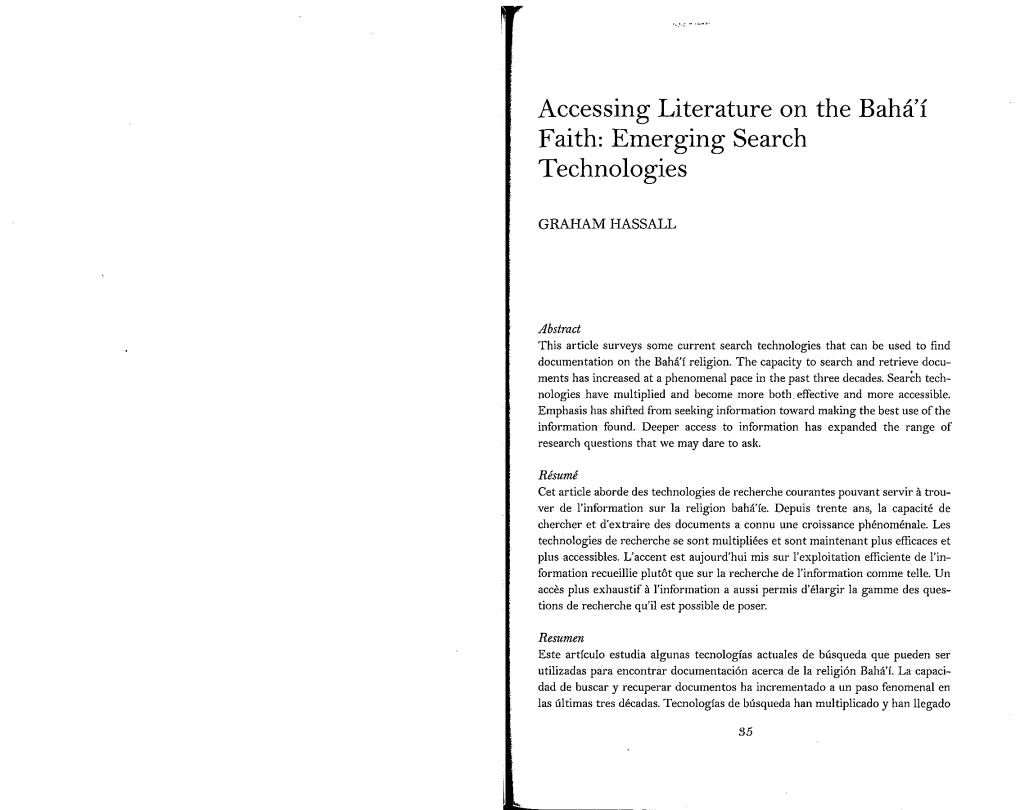 Accessing Literature on the Baha'i Faith: Emerging Search Technologies