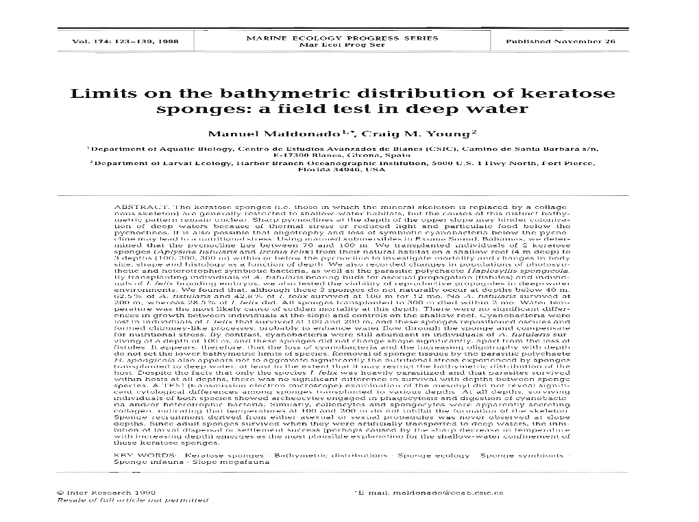 Limits on the Bathymetric Distribution of Keratose Sponges: a Field Test in Deep Water