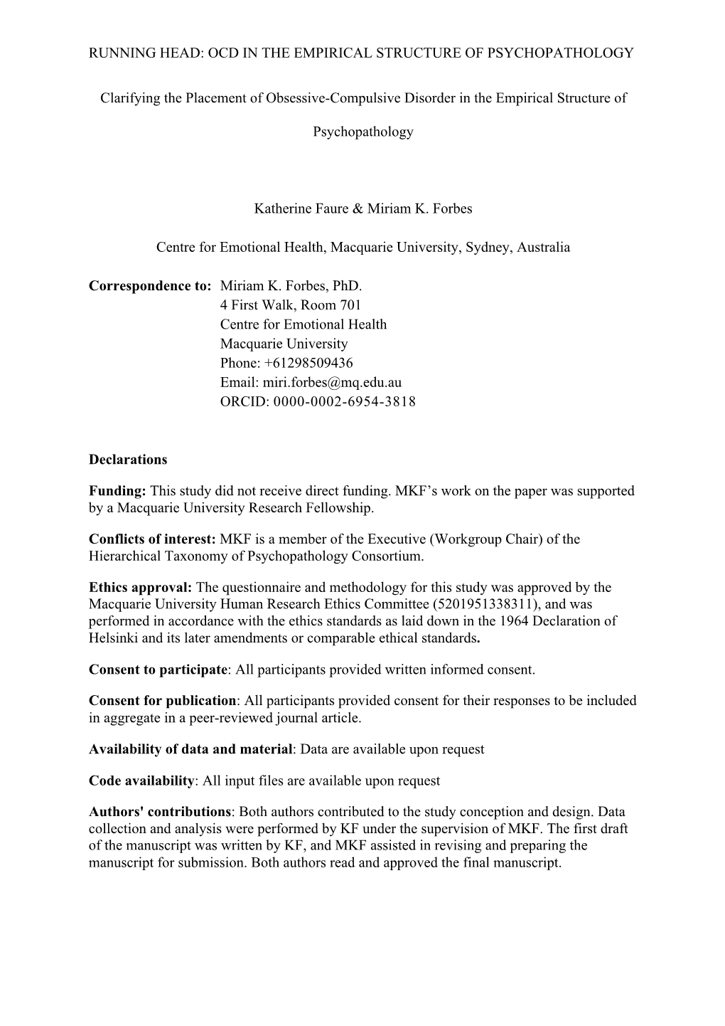 OCD in the EMPIRICAL STRUCTURE of PSYCHOPATHOLOGY Clarifying the Placement of Obsessive-Compulsive Disorder in Th