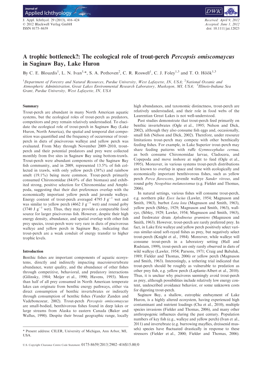 The Ecological Role of Troutperch Percopsis Omiscomaycus In