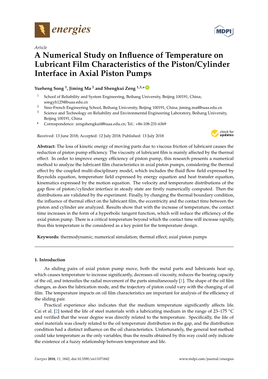 A Numerical Study on Influence of Temperature on Lubricant Film