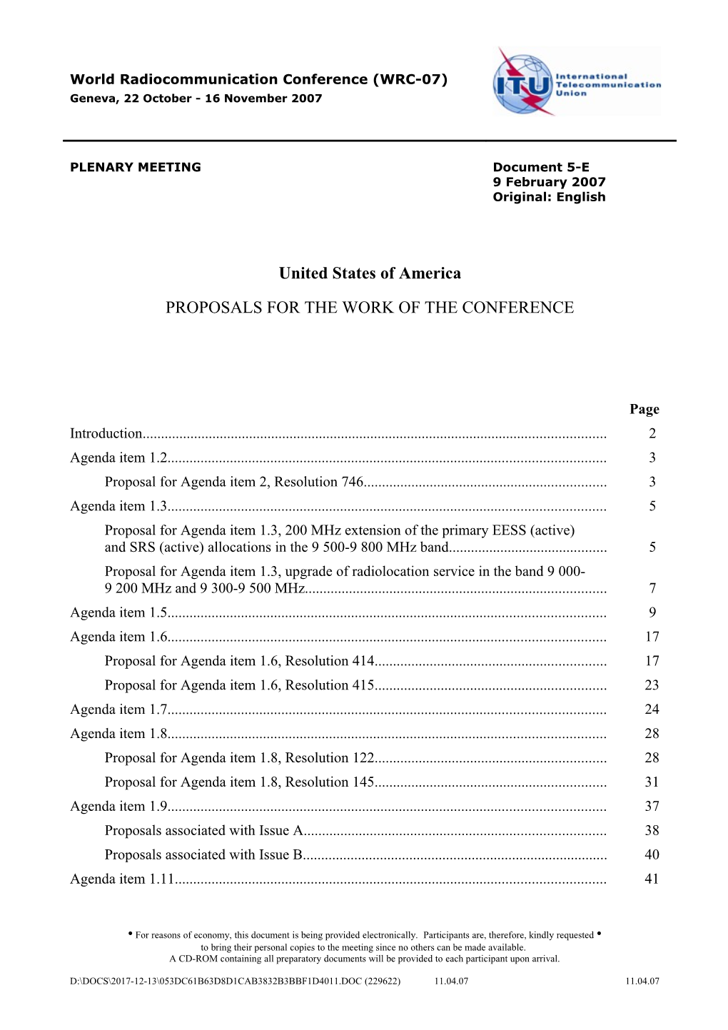 Proposals for the Work of the Conference