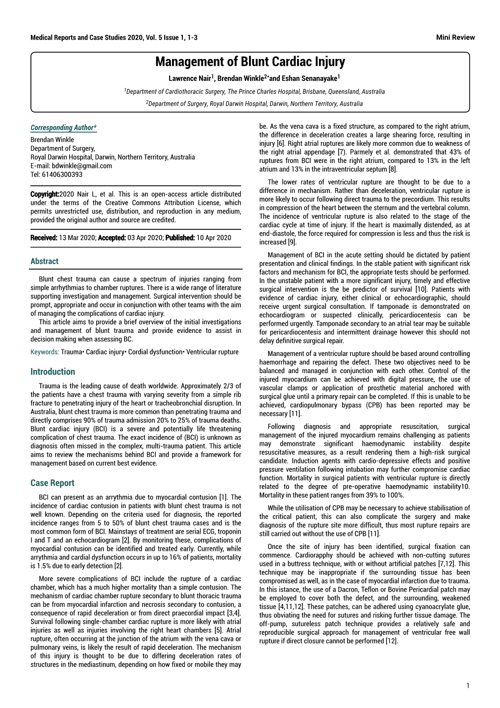 Management of Blunt Cardiac Injury