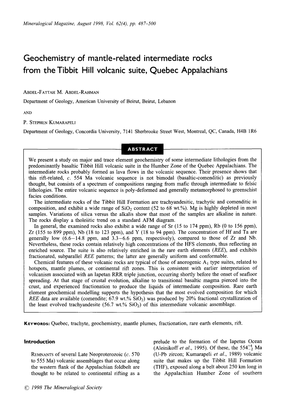 Geochemistry of Mantle-Related Intermediate Rocks from the Tibbit Hill Volcanic Suite, Quebec Appalachians