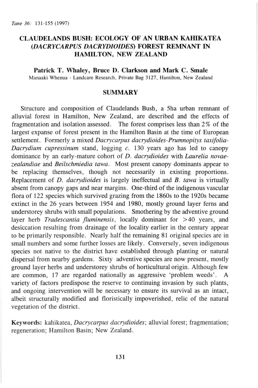 Claudelands Bush: Ecology of an Urban Kahikatea (Dacrycarpus Dacrydioides) Forest Remnant in Hamilton, New Zealand