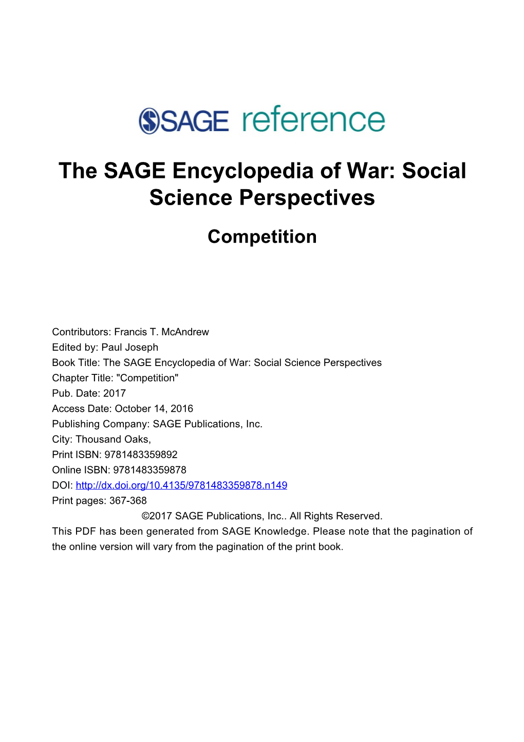 The SAGE Encyclopedia of War: Social Science Perspectives Competition