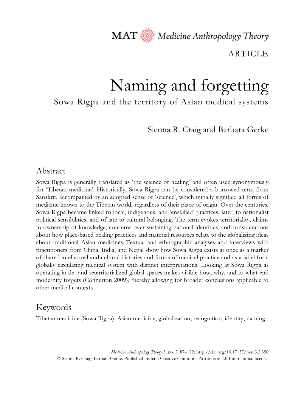 Naming and Forgetting Sowa Rigpa and the Territory of Asian Medical Systems