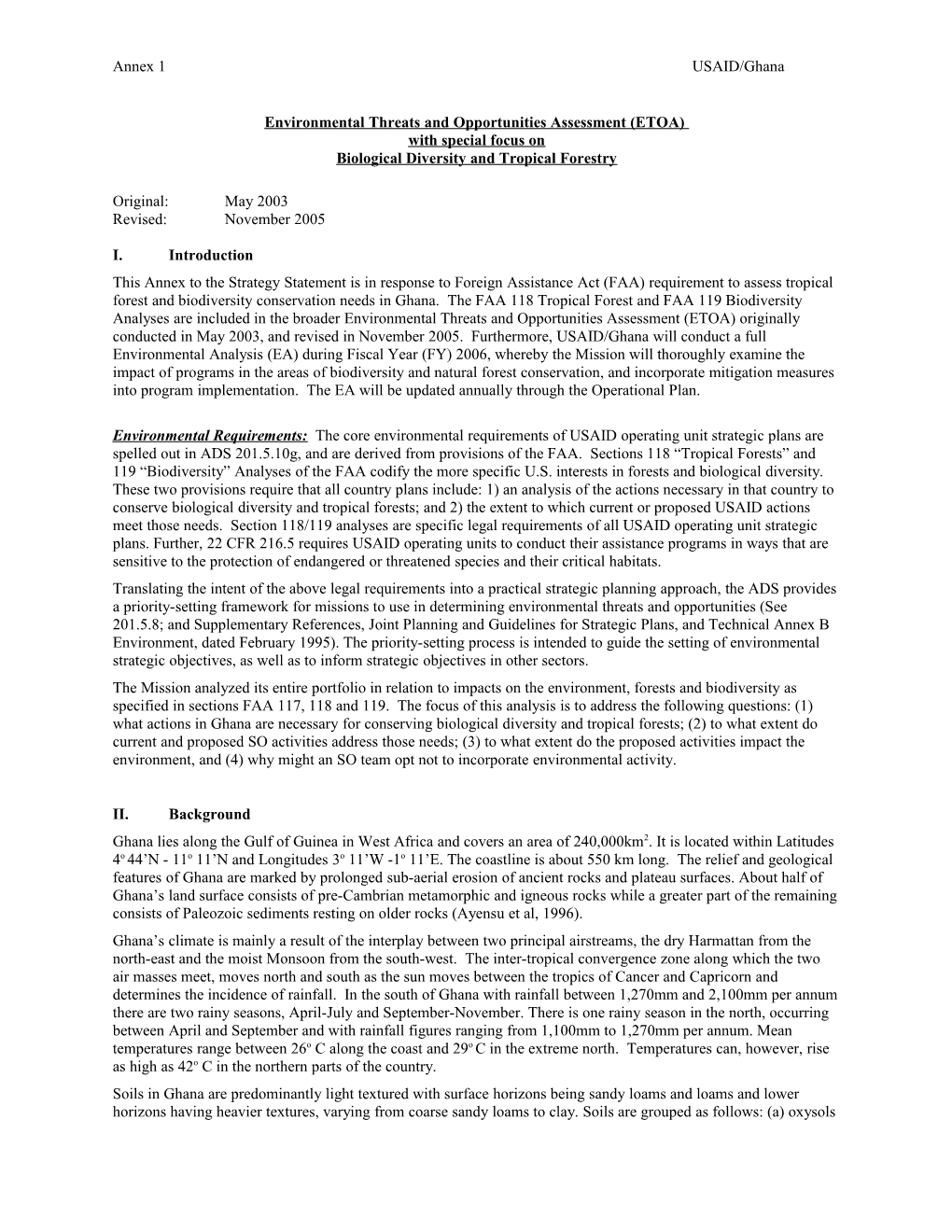 Summary of Environmental Threats and Opportunities Assessment (ETOA) with Special Focus