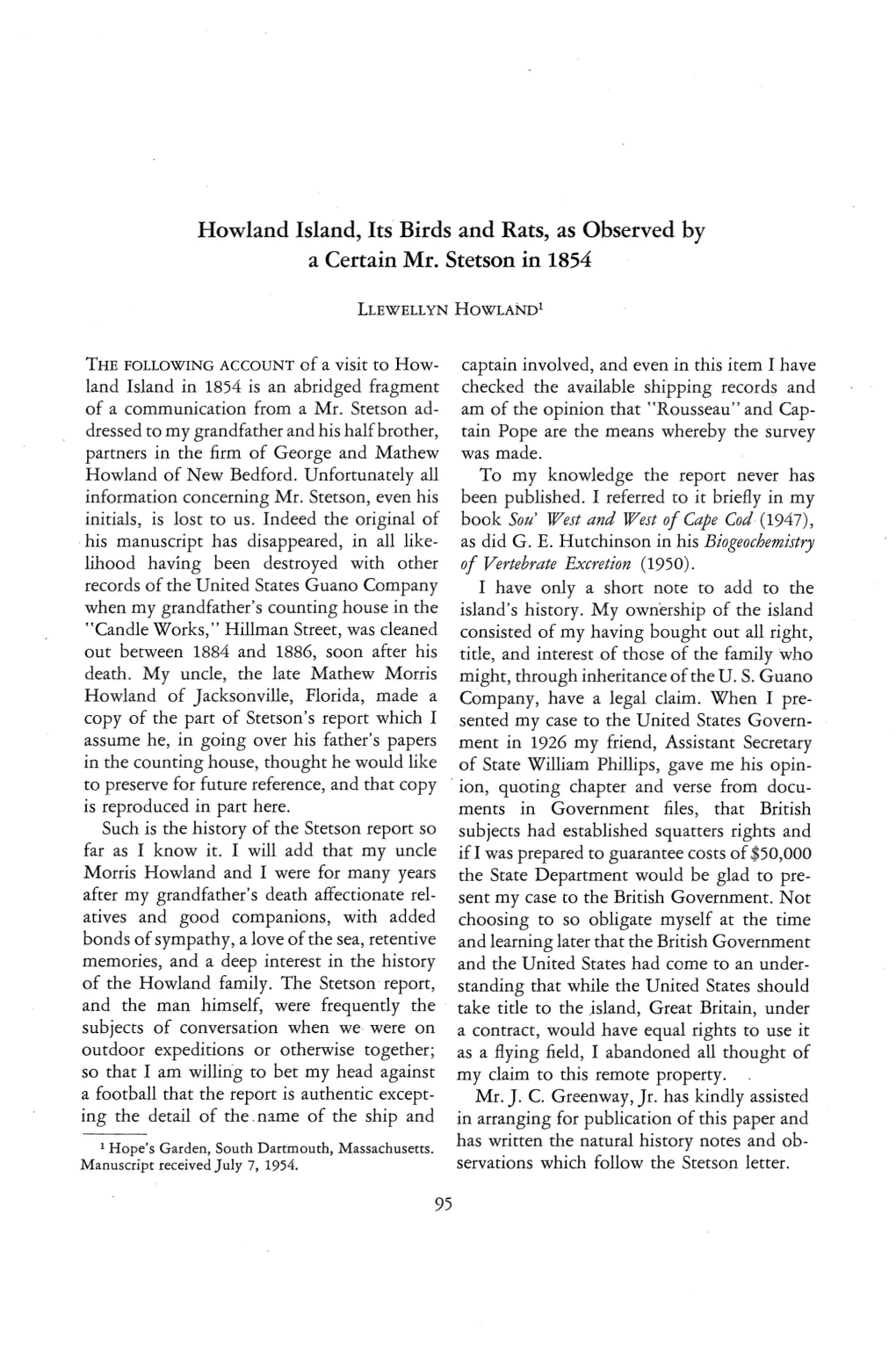 Howland Island, Its Birds and Rats, As Observed by a Certain Mr. Stetson in 1854