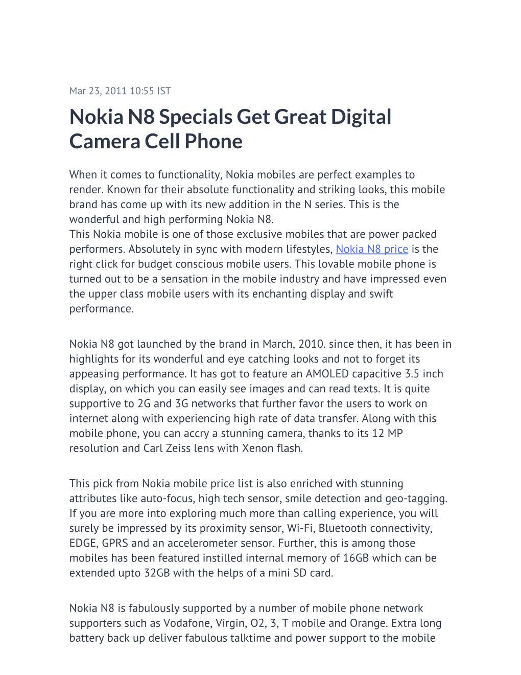 Nokia N8 Specials Get Great Digital Camera Cell Phone