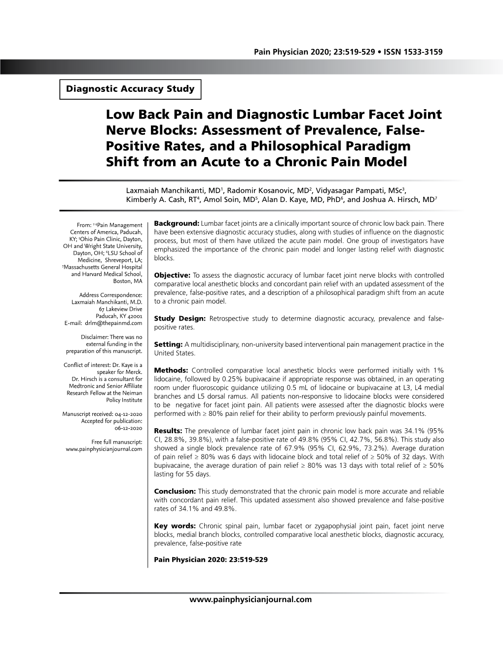 Low Back Pain and Diagnostic Lumbar Facet Joint Nerve Blocks