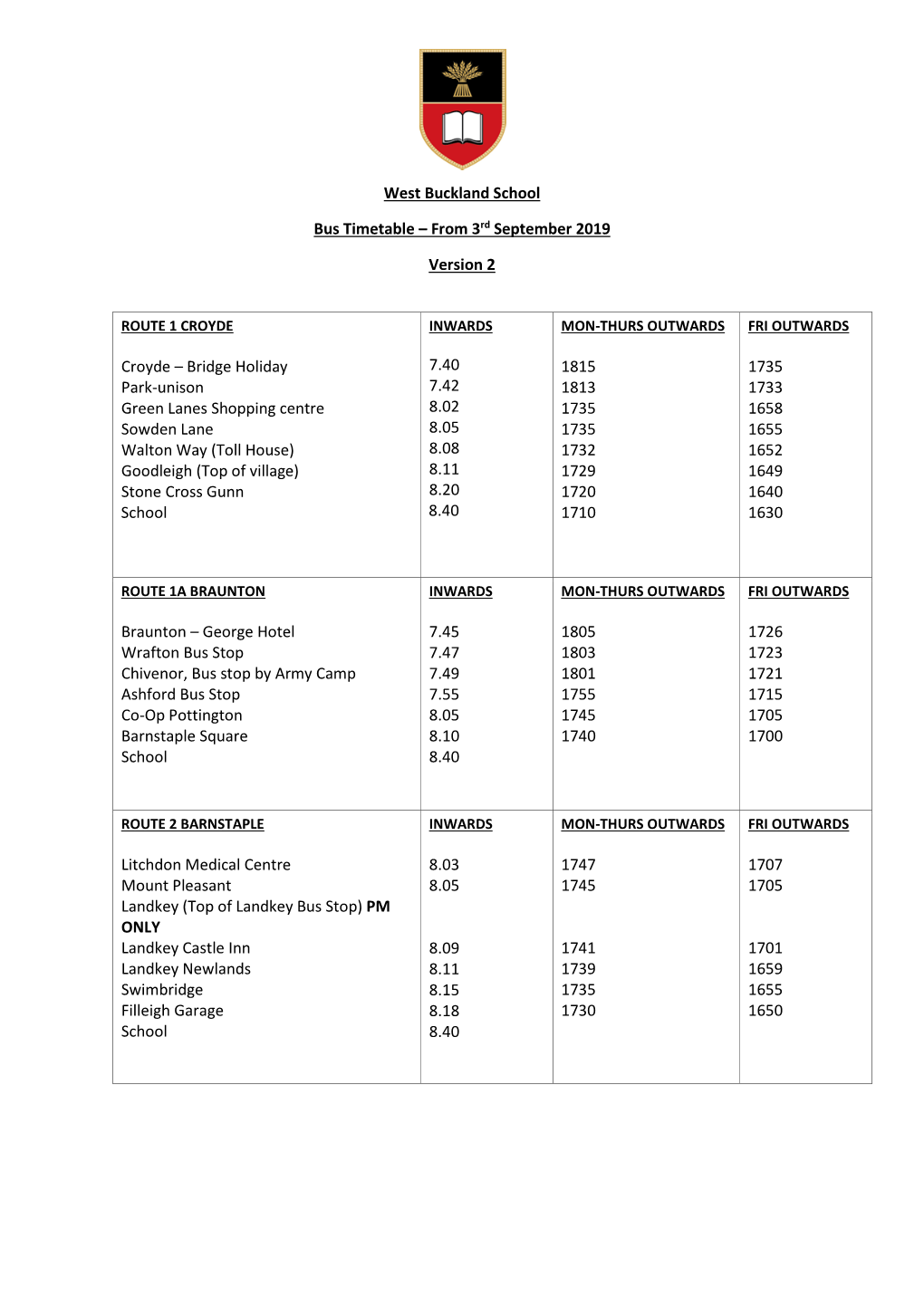 West Buckland School Bus Timetable – from 3Rd September 2019