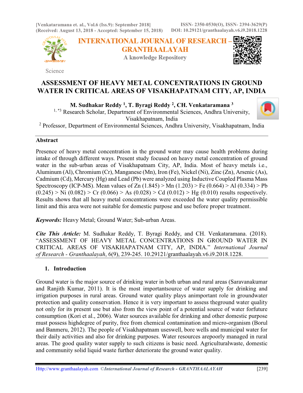 Assessment of Heavy Metal Concentrations in Ground Water in Critical Areas of Visakhapatnam City, Ap, India