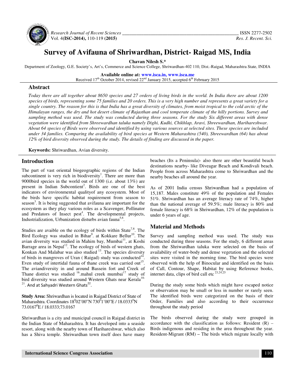 Survey of Avifauna of Shriwardhan, District- Raigad MS, India Chavan Nilesh S.* Department of Zoology, G.E