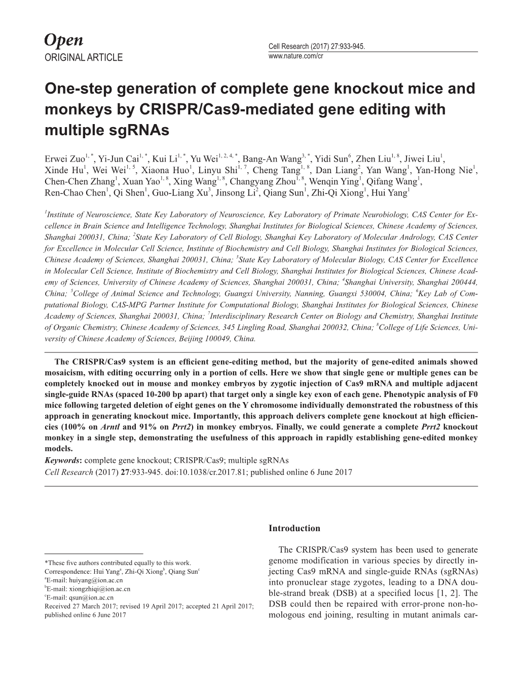 One-Step Generation of Complete Gene Knockout Mice and Monkeys by CRISPR/Cas9-Mediated Gene Editing with Multiple Sgrnas