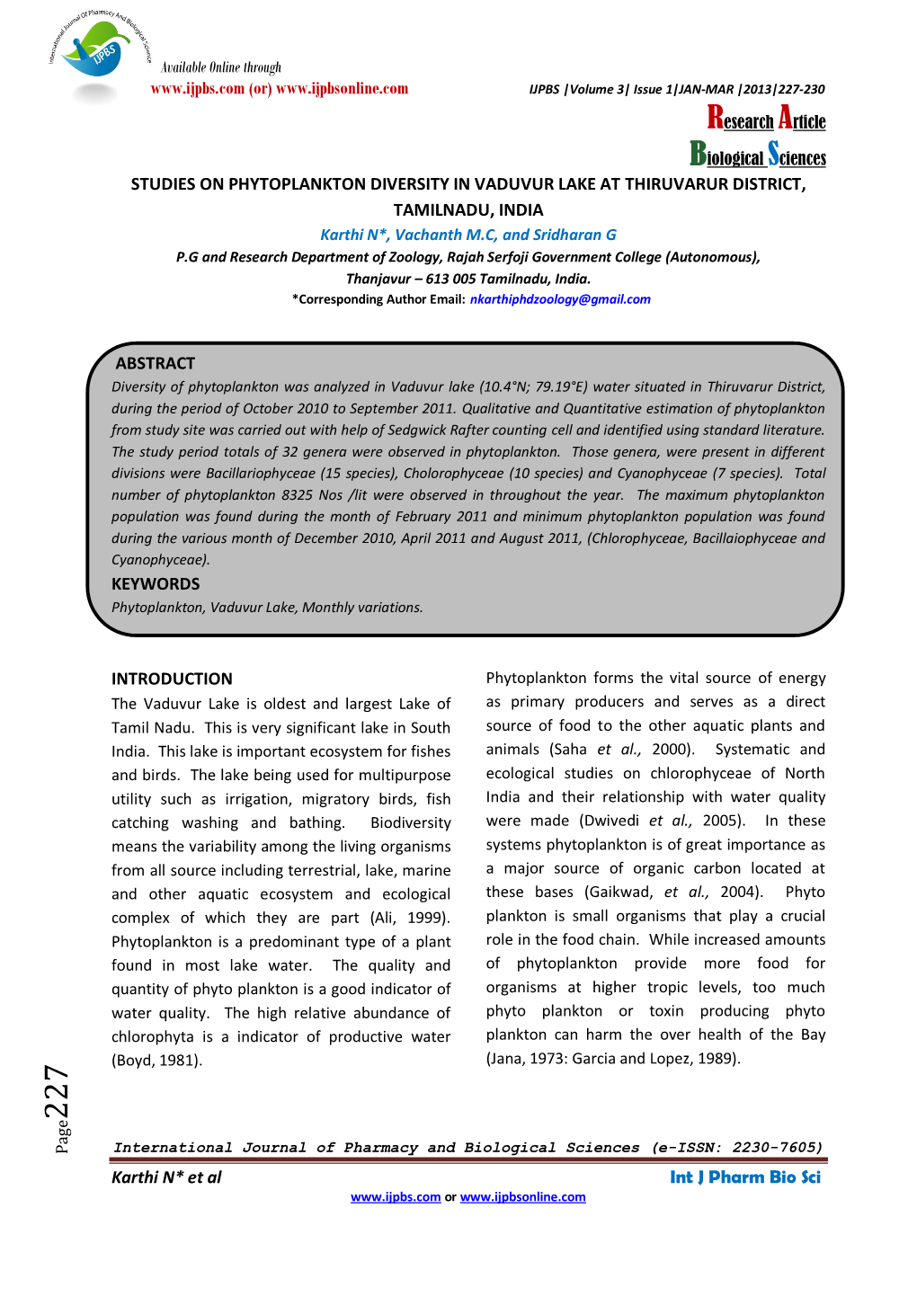 Physico-Chemical Characteristics of Vaduvur Lake, Thanjavur District N Karthi, Mc Vachanth and G Sridharan