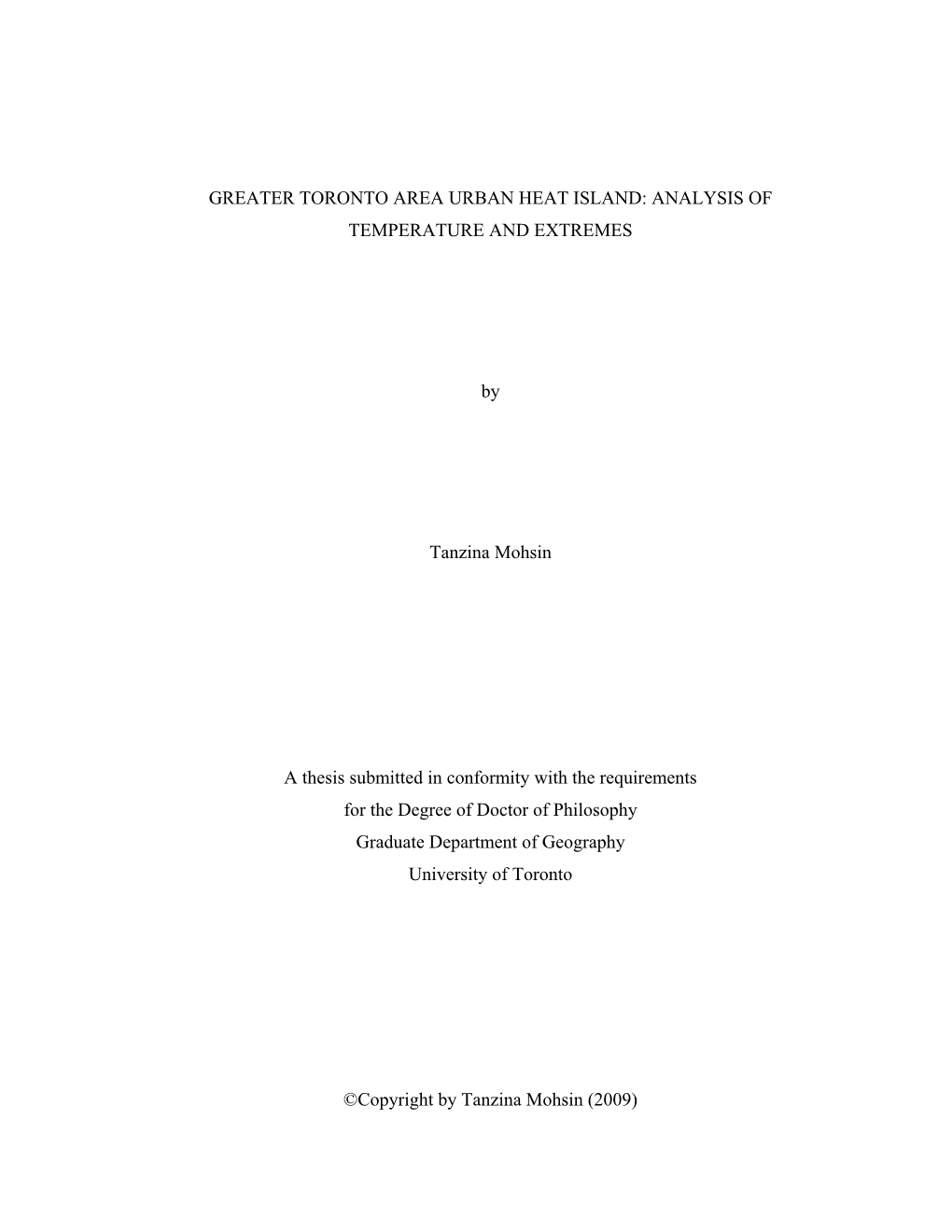 Greater Toronto Area Urban Heat Island: Analysis of Temperature and Extremes