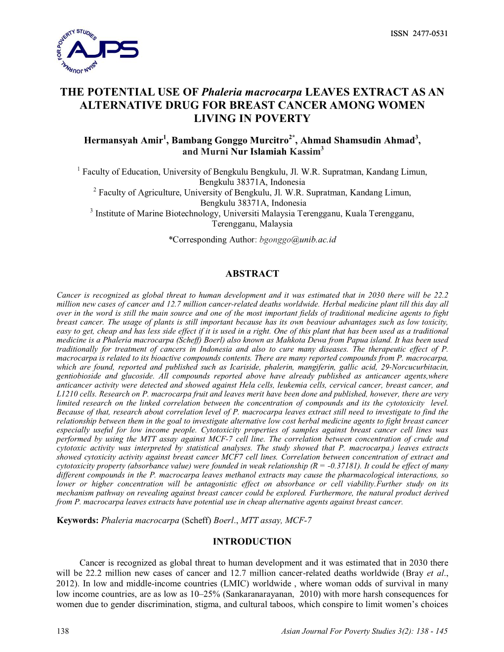 THE POTENTIAL USE of Phaleria Macrocarpa LEAVES EXTRACT AS an ALTERNATIVE DRUG for BREAST CANCER AMONG WOMEN LIVING in POVERTY