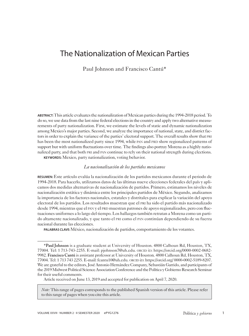 The Nationalization of Mexican Parties