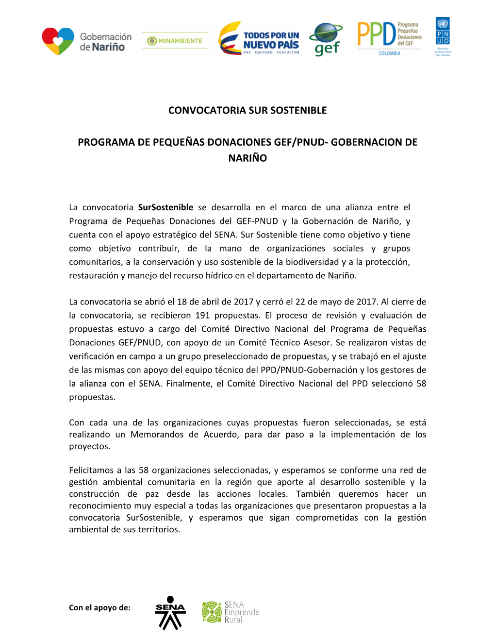 Convocatoria Sur Sostenible Programa De Pequeñas Donaciones Gef/Pnud- Gobernacion De Nariño