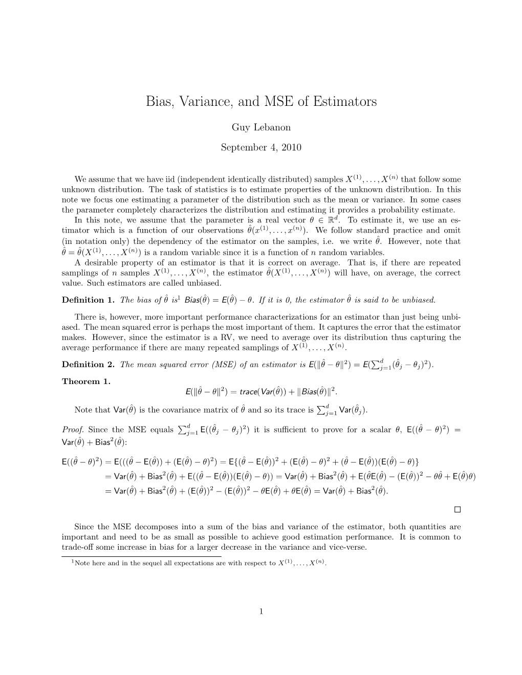 Bias, Variance, and MSE of Estimators