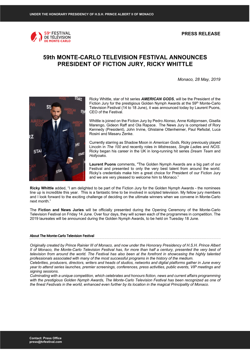 59Th MONTE-CARLO TELEVISION FESTIVAL ANNOUNCES PRESIDENT of FICTION JURY, RICKY WHITTLE