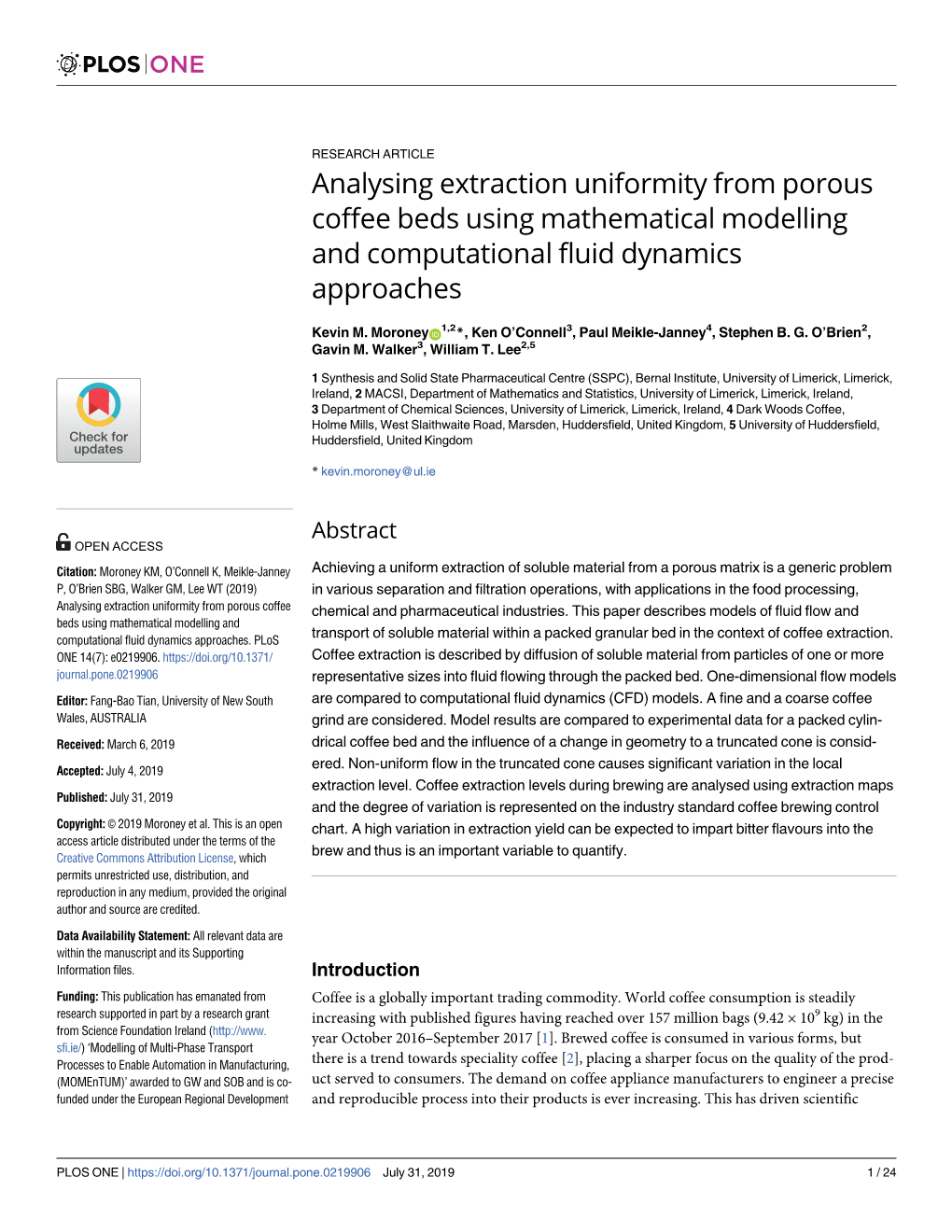 Analysing Extraction Uniformity from Porous Coffee Beds Using Mathematical Modelling and Computational Fluid Dynamics Approaches