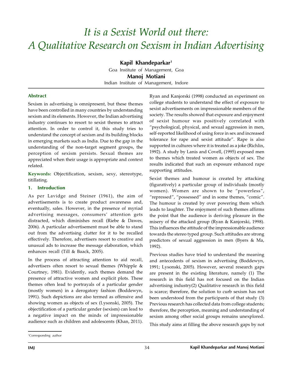 A Qualitative Research on Sexism in Indian Advertising