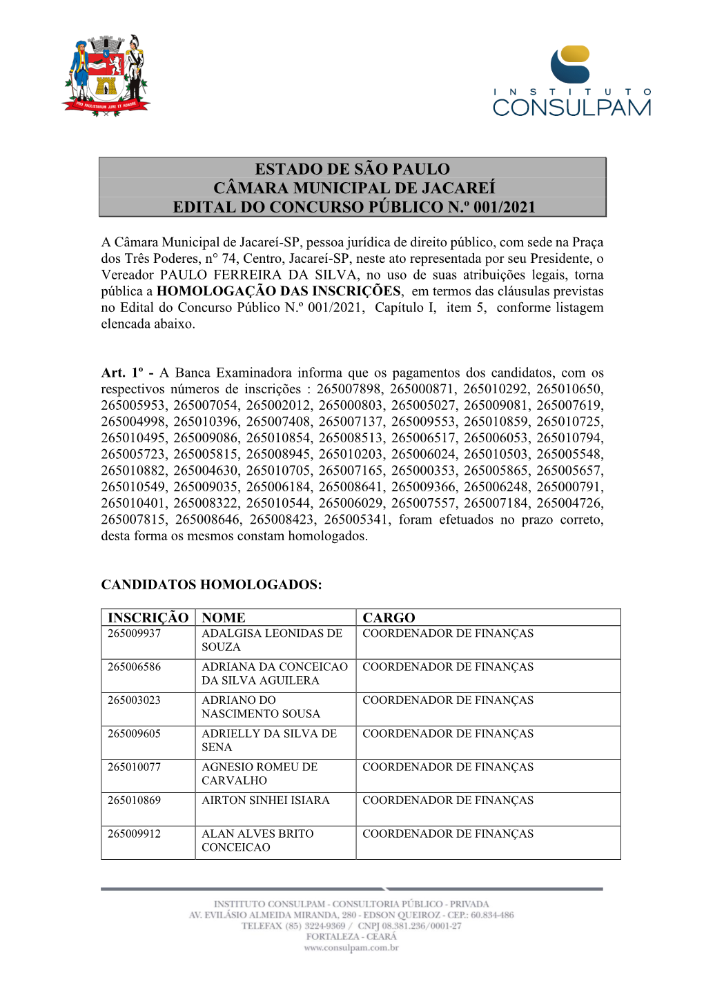 Estado De São Paulo Câmara Municipal De Jacareí Edital Do Concurso Público N.º 001/2021