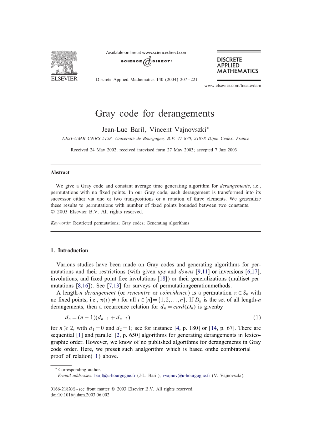 Gray Code for Derangements