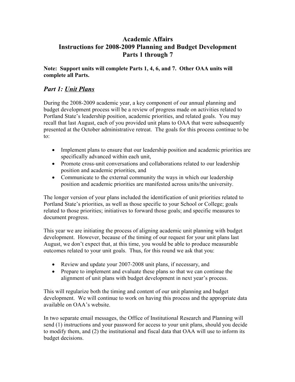 Instructions for 2008-2009 Planning and Budget Development