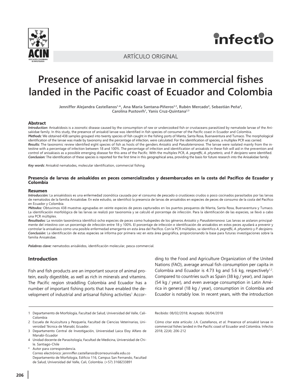 Presence of Anisakid Larvae in Commercial Fishes Landed in the Pacific Coast of Ecuador and Colombia