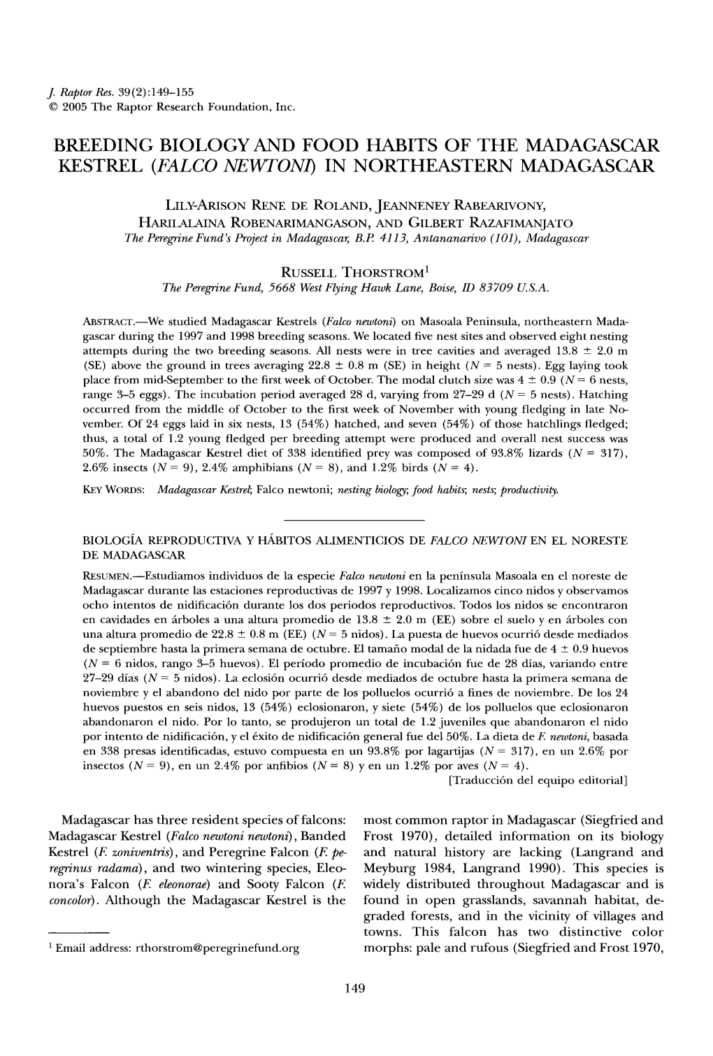 Breeding Biology and Food Habits of the Madagascar Kestrel (Falco Newtoni) in Northeastern Madagascar