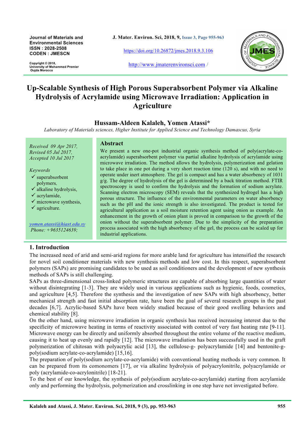 Up-Scalable Synthesis of High Porous Superabsorbent Polymer Via Alkaline Hydrolysis of Acrylamide Using Microwave Irradiation: Application in Agriculture