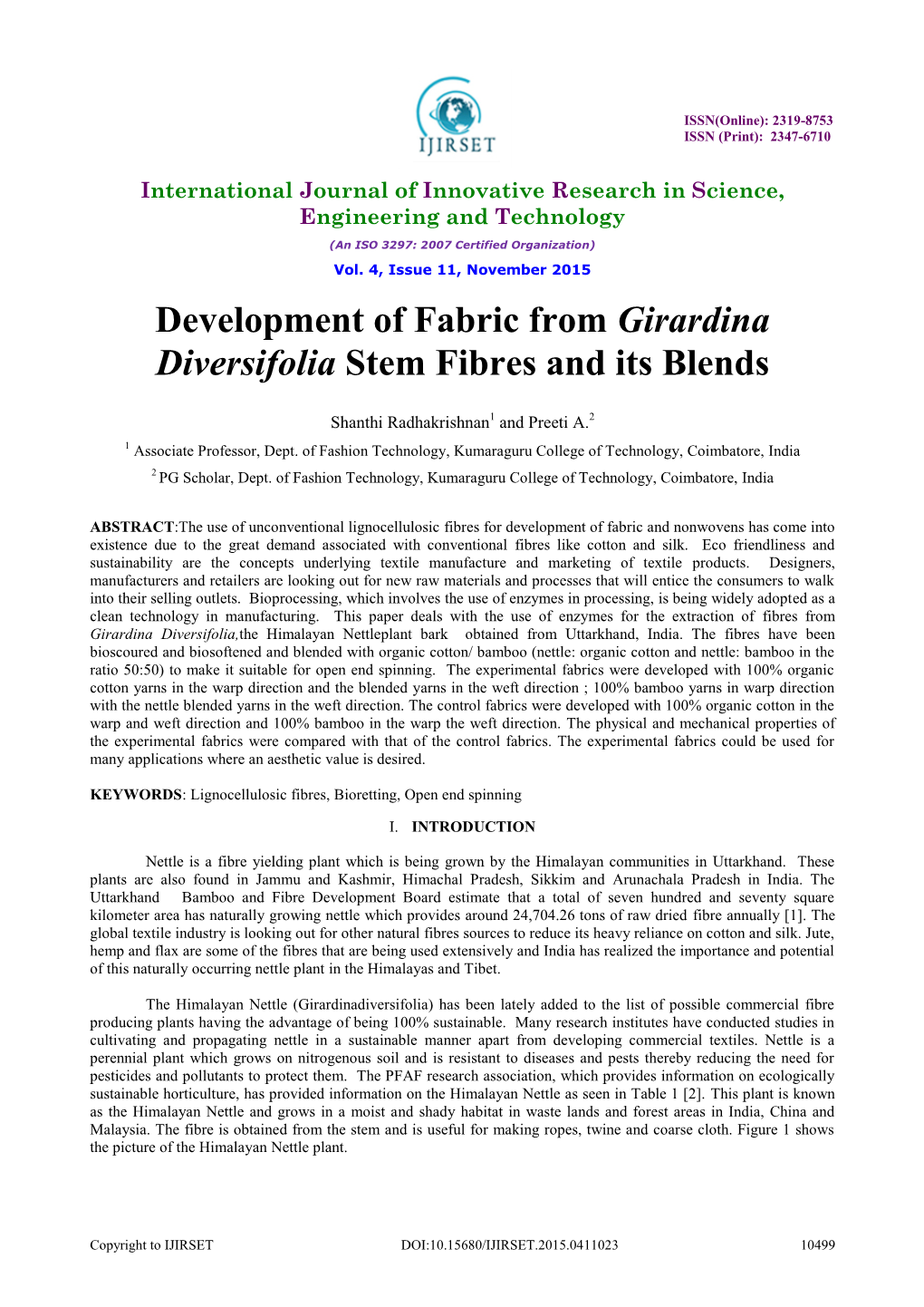 Development of Fabric from Girardina Diversifolia Stem Fibres and Its Blends